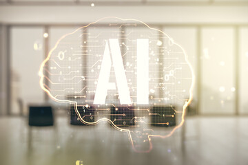 Aufkleber - Double exposure of creative artificial Intelligence interface on a modern meeting room background. Neural networks and machine learning concept