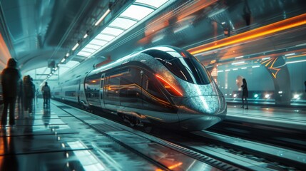 Poster - High-speed train arriving at a futuristic station, with sleek architecture and passengers waiting, highlighting the efficiency and modernity of the rail system