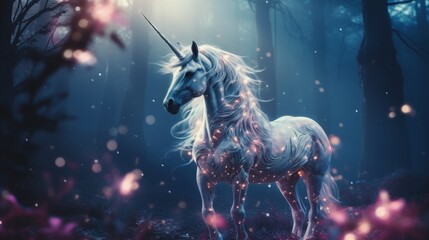 A majestic white unicorn stands in a mystical forest, glowing with magical light.