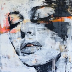 Wall Mural - Modern abstract painting featuring a stylized depiction of a human face with dynamic brush strokes