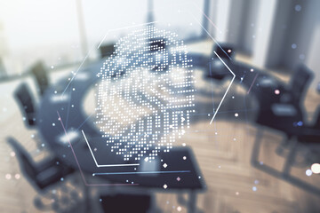 Poster - Abstract virtual fingerprint hologram on a modern conference room background. Multiexposure