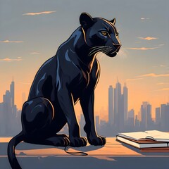 Wall Mural - a panther sits on a table with the city behind it