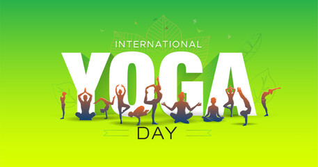 Vector illustration of Yoga Day creative theme. People practicing yoga and body stretch exercise with international yoga day 3d typography.