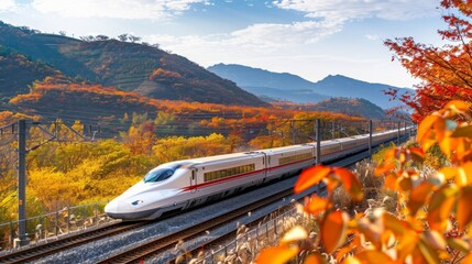 Poster - High-speed train passing through an autumn landscape, with colorful foliage and clear skies, capturing the beauty of seasonal travel