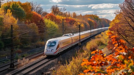 Poster - High-speed train passing through an autumn landscape, with colorful foliage and clear skies, capturing the beauty of seasonal travel