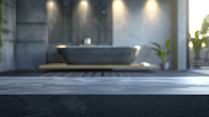 Wall Mural - Concrete countertop against the background of a modern bathroom interior. Empty tabletop for presenting a beauty product. Clean mockup with podium.