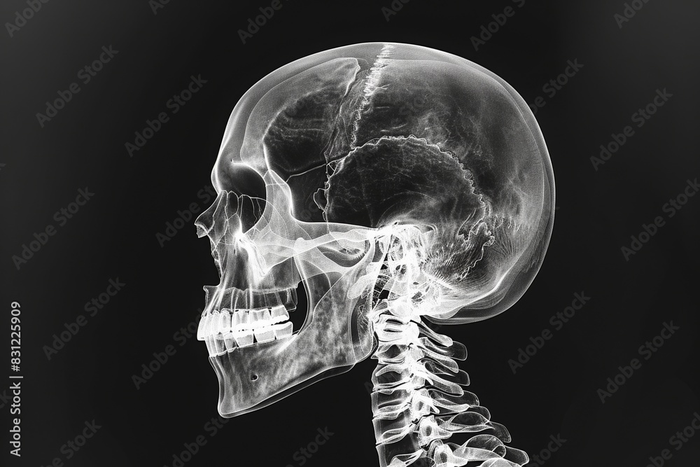 High-resolution x-ray image of a human skull and neck in profile ...