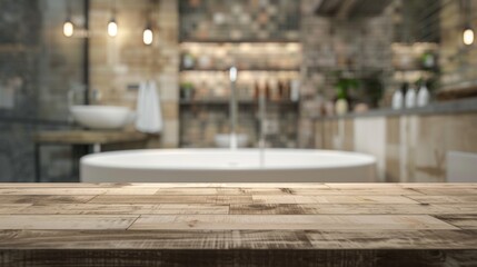 Wall Mural - Wooden countertop against the background of the bathroom. Empty tabletop with podium for product presentation. Platform mockup with brick tiles.