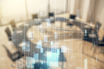 Poster - Abstract virtual analytics data spreadsheet on a modern coworking room background, analytics and analysis concept. Multiexposure