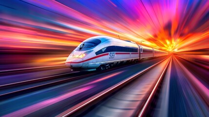 Aufkleber - High-speed train speeding along a track at sunset, with the sky ablaze with colors, creating a dramatic and visually striking scene