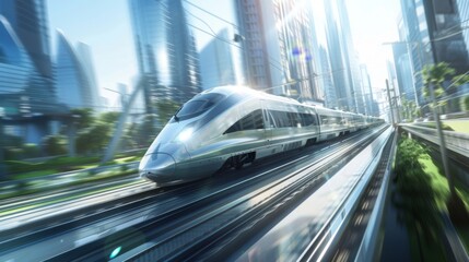 Aufkleber - High-speed train speeding through a metropolitan area, with skyscrapers and busy streets, showcasing the integration of advanced rail systems in urban environments