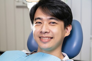 young man sitting on a dentist chair, guy with white teeth in a dental studio, male patient in a clinic, beautiful smile