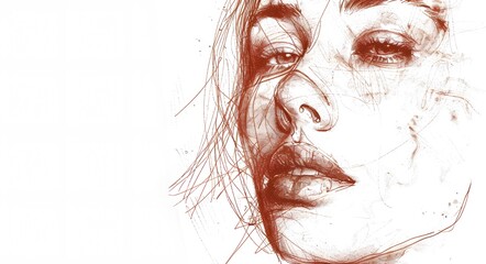 Wall Mural - Sketch of a woman's face, hand-drawn with sanguine on a white background, realistic graphics. Copy space.