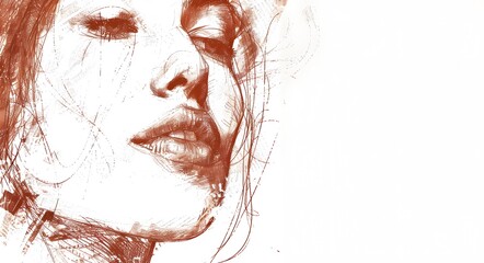 Wall Mural - Sketch of a woman's face, hand-drawn with sanguine on a white background, realistic graphics. Copy space.