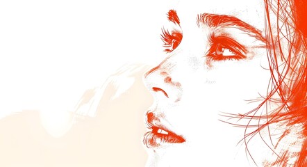 Wall Mural - Sketch of a woman's face, hand-drawn with sanguine on a white background, realistic graphics. Copy space.