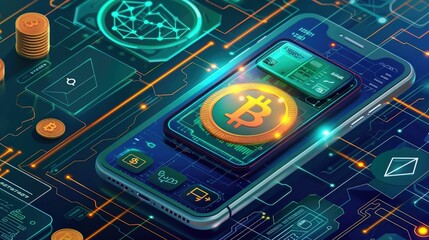 Poster - Sleek and Futuristic Digital Wallet Mobile Interface Highlighting the Diverse Ecosystem of Electronic Currencies Seamless Financial Transactions and the Transformative Power of Fintech