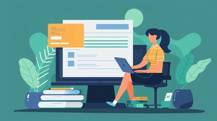 Poster - Woman Sitting at Desk Filling Out an Online Loan Application Form on Her Laptop Computer to Seek Financial Assistance for a Business Educational or Personal Need