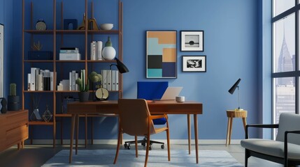 Aufkleber - Interior of a Nordic-inspired study or home office, with a sleek desk, ergonomic chair, and minimalist decor, promoting focus and productivity in a serene setting