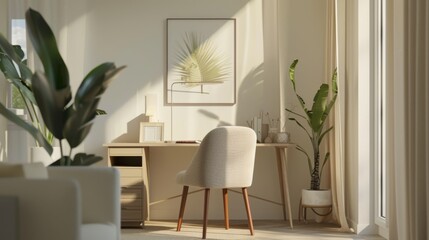 Aufkleber - Interior of a Nordic-inspired study or home office, with a sleek desk, ergonomic chair, and minimalist decor, promoting focus and productivity in a serene setting