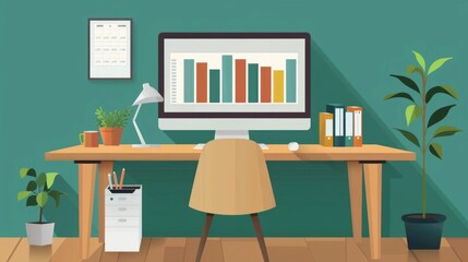 Poster - Modern Home Office Workspace with Computer Desk and Financial Management Tools and Decor Elements for Organizing Personal Finances and Improving Productivity