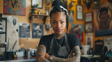 Wall Mural - Woman with tattoos sitting in front of a counter