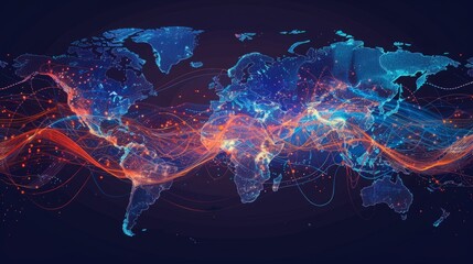 Poster - A map of the world with lines of different colors representing various routes, connections, or boundaries between countries and continents.