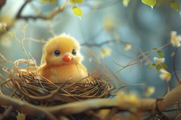 Sticker - Charming duckling sits cozily in a nest surrounded by delicate spring foliage