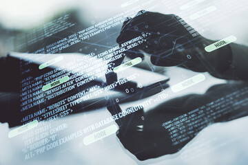 Aufkleber - Double exposure of abstract creative programming illustration and finger clicks on a digital tablet on background, big data and blockchain concept