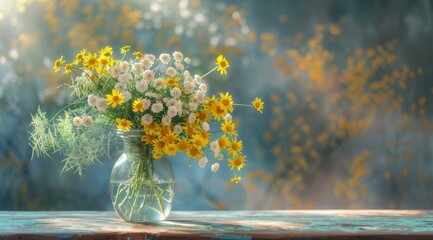 A beautiful bouquet of mimosa and daisies in a glass vase on a table with cloth on blur background