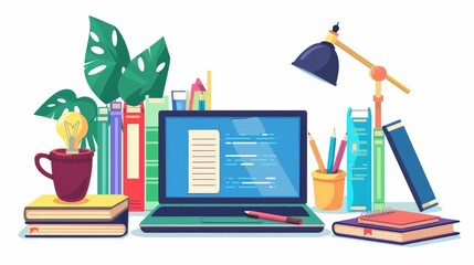Poster - Distance Education Setup with Laptop Textbooks and Remote Learning Tools for Online Study and Academic Workspace