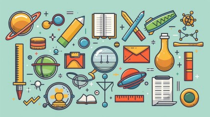 Poster - This showcases a vibrant collection of iconic symbols representing the diverse range of academic subjects taught in schools including math science art and history The carefully curated set of