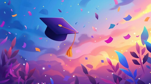 Graduation Cap Thrown High in the Air Celebrating the Completion of an Academic Degree and the Excitement for the Next Chapter of Life Vibrant Confetti and Burst of Colors Symbolize the Joy and of