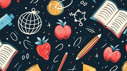 Poster - Vibrant Illustrated Education Themes for Academic Presentations and Materials This features a diverse array of education related icons and patterns including books school supplies a globe and stars