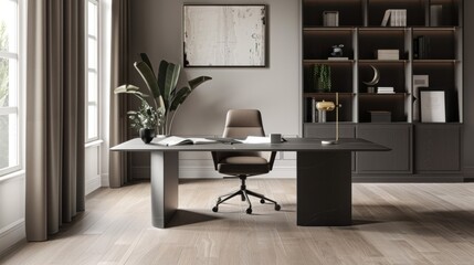 Poster - Minimalist home office with a sleek desk, ergonomic chair, and minimalist decor, creating a productive and clutter-free workspace