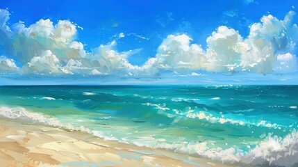 Wall Mural - painting of a sea beach with turquoise water and white clouds