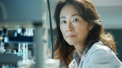 Wall Mural - confident female scientist in laboratory. portrait of a focused mature woman in a lab coat, working 
