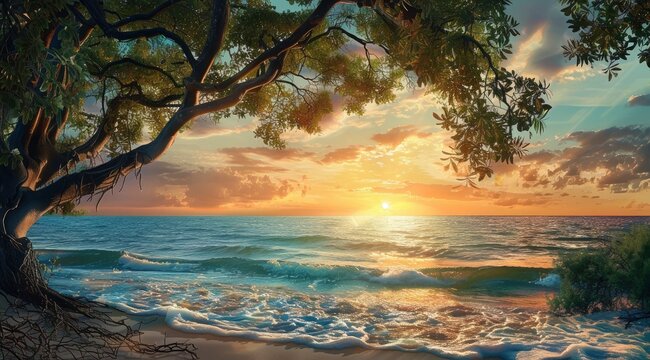 Beautiful sunset over the sea with beautiful  trees hanging from beach edge