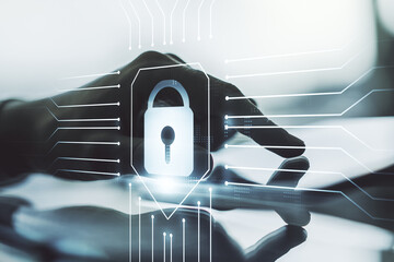 Aufkleber - Creative lock sketch with chip hologram and hand working with a digital tablet on background, protection of personal data concept. Multiexposure