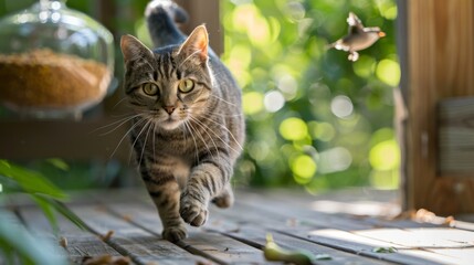 Poster - Mischievous cat sprinting across a wooden deck, with a bird feeder in the background, emphasizing the cat's playful curiosity and energetic nature