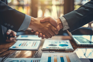 Wall Mural - Business men in suits taking a handshake after making an investment contract agreement. Shaking hands is a way of sealing a financial deal in the corporate world,  stock illustration image