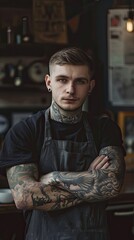 Wall Mural - Man with tattoos stands in front of counter