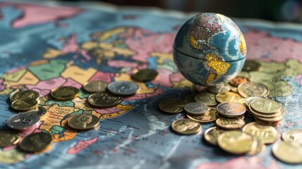 Poster - A small globe placed on a map, showing different countries and continents.