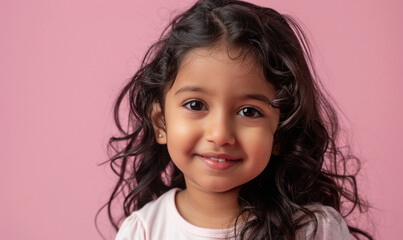 Wall Mural - Cute indian little girl standing on pink background