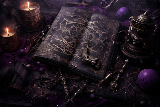 Ancient Spellbook with Skull Decor, Dark Fantasy, Candlelit Scene