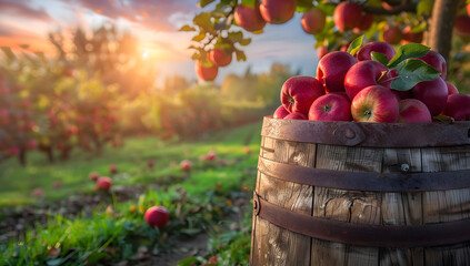 Wall Mural - A wooden barrel filled with red apples in an apple orchard during the day, surrounded by trees and green grass, with sunlight filtering through the leaves. The ripe apples are ready for harvest.