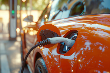 A orange car charging at an electric vehicle charging port, themes of new and modern electricity powered cars, and the reduction of co2 emissions.