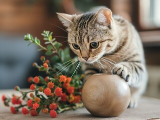 Wall Mural - A cat is sniffing a vase of flowers