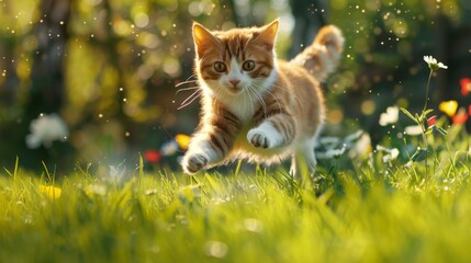 Poster - Playful cat dashing across a green lawn in a burst of energy, with flowers and trees in the background, capturing the essence of a joyful outdoor adventure