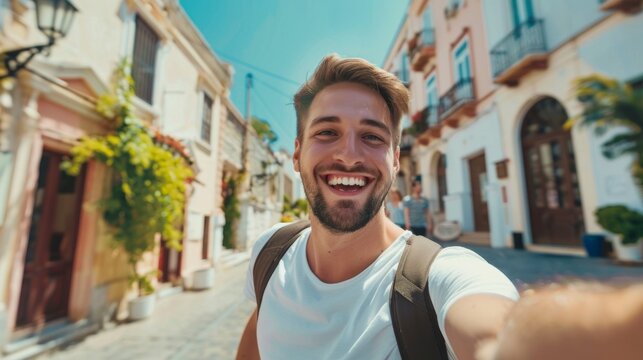 man in summer clothes taking a selfie with palm trees and daytime streets in the background
