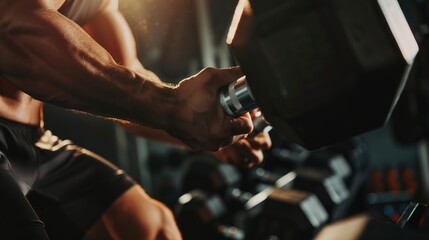 Sticker - Fitness trainer's hands adjusting weights, close-up, detailed texture, clear gym environment, focused lighting. 